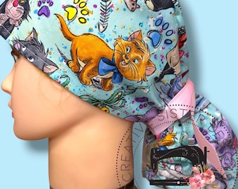 Sidekick Cats Ponytail Scrub Cap | Character Ponytail Scrub Cap | Medical Cap | Scrub Cap with Buttons | Gift Shop