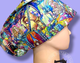 Wonderland Euro Scrub Cap | Ponytail Scrub Cap | Medical Cap | Nurses Cap | Kids Scrub Cap | Scrub Cap with Buttons | Skull Cap |