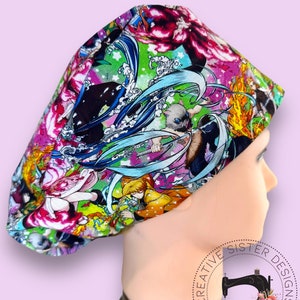 May include: A colorful surgical scrub hat with a print of anime characters. The hat is made of a soft, breathable fabric and is perfect for nurses, doctors, and other healthcare professionals.
