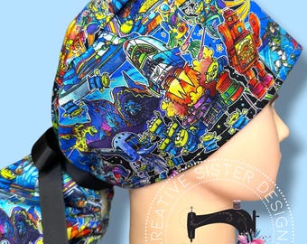 T. Story Ponytail Scrub Cap | Character Ponytail Scrub Cap | Medical Cap | Scrub Cap with Buttons | Gift Shop