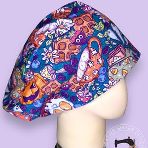 Spooky Breakfast  Euro Scrub Cap | Medical Cap | Nurses Cap | Scrub Cap with Buttons | Small Ponytail | Gift Shop | Fitted Cap | No Toggle