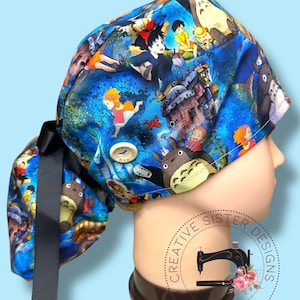 Studio Bus Cat Ponytail Scrub Cap | Character Ponytail Scrub Cap | Medical Cap | Scrub Cap with Buttons | Gift Shop