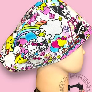 H. Kitty Euro Scrub Cap | Scrub Cap | Medical Cap | Nurses Cap | Scrub Cap with Buttons | Small Ponytail |