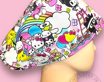 H. Kitty Euro Scrub Cap | Scrub Cap | Medical Cap | Nurses Cap | Scrub Cap with Buttons | Small Ponytail |