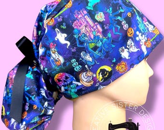 Halloween Castle Characters Ponytail Scrub Cap | Character Ponytail Scrub Cap | Medical Cap | Scrub Cap with Buttons | Gift Shop