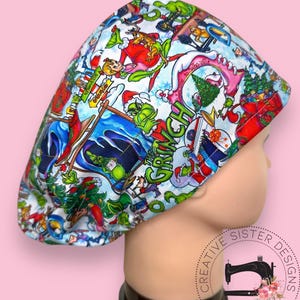 Christmas Green Guy Euro Scrub Cap Medical Cap | Nurses Cap | Scrub Cap with Buttons | Small Ponytail | Gift Shop | Fitted Cap | No Toggle