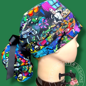 Scary Christmas Scrub Cap | Character Ponytail Scrub Cap | Medical Cap | Scrub Cap with Buttons | Gift Shop