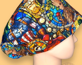 Stain Glass Heros Euro Scrub Cap | Scrub Cap | Medical Cap | Nurses Cap | Scrub Cap with Buttons | Small Ponytail |