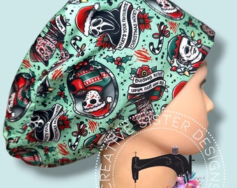 Scary Christmas Euro Scrub Cap | Medical Cap | Nurses Cap | Scrub Cap with Buttons | SMALL Ponytail | Gift Shop | NO Toggle