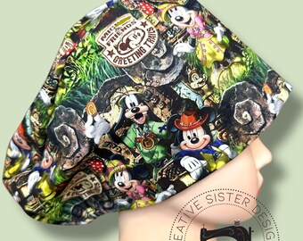 Safari Mouse Friends Fitted Euro Scrub Cap | Medical Cap | Nurses Cap | Scrub Cap with Buttons | Small Ponytail | Gift Shop | No Toggle