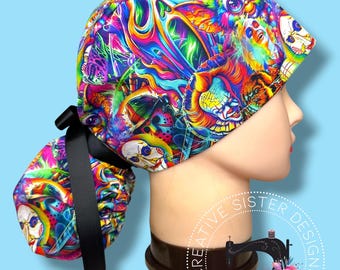 Neon Halloween Ponytail Scrub Cap | Character Ponytail Scrub Cap | Medical Cap | Scrub Cap with Buttons | Gift Shop