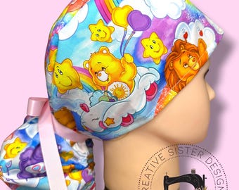 Rainbow Bears Ponytail Scrub Cap | Character Ponytail Scrub Cap | Medical Cap | Scrub Cap with Buttons | Gift Shop