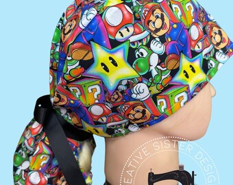 S. Mario Ponytail Scrub Cap | Character Ponytail Scrub Cap | Medical Cap | Scrub Cap with Buttons | Gift Shop