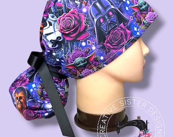Floral Space Wars Ponytail Scrub Cap | Character Ponytail Scrub Cap | Medical Cap | Scrub Cap with Buttons | Gift Shop