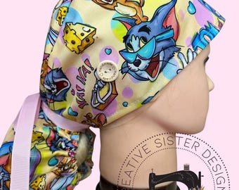 80s 90s Cat and Mouse Cartoon Ponytail Scrub Cap | Character Ponytail Scrub Cap | Medical Cap | Scrub Cap with Buttons |
