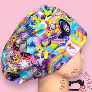 Lisa Character Fitted Euro Scrub Cap | Medical Cap | Nurses Cap | Scrub Cap with Buttons | Small Ponytail | Gift Shop | No Toggle |