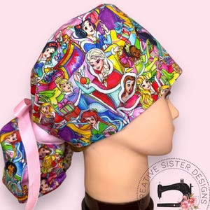 Holiday Princess Ponytail Scrub Cap | Character Ponytail Scrub Cap | Medical Cap | Scrub Cap with Buttons |
