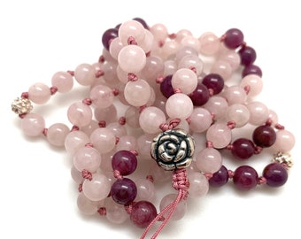 Ruby, Rose Quartz and sterling silver 108 beads, 6mm knotted Mala. Tibetan Prayer beads. Adjustable mala beads for wrist or necklace.