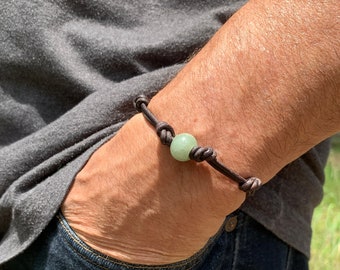 Green Aventurine Knotted Leather Bracelet. Adjustable  Wooden OM Button. Wellbeing, Prosperity, Positive Energy