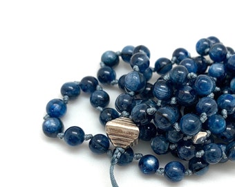 Kyanite and Sterling Silver 108 beads, 6mm knotted Mala. Tibetan Prayer beads. Adjustable mala beads for wrist or necklace