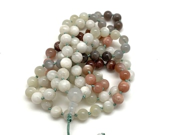 Rainbow Moonstone Mala beads, 108 beads, 8mm knotted Mala. Prayer beads. New Beginnings