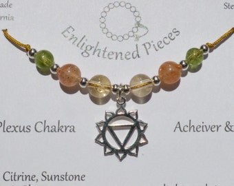 Manipura - Solar Plexus Chakra Gemstone and Sterling Silver Charm Necklace. Peridot, Citrine, Sunstone and Tourmaline. Adjustable necklace