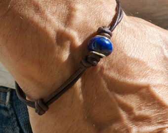 Lapis Lazuli and Sterling Silver Knotted Leather Bracelet. Adjustable  Wooden OM button.