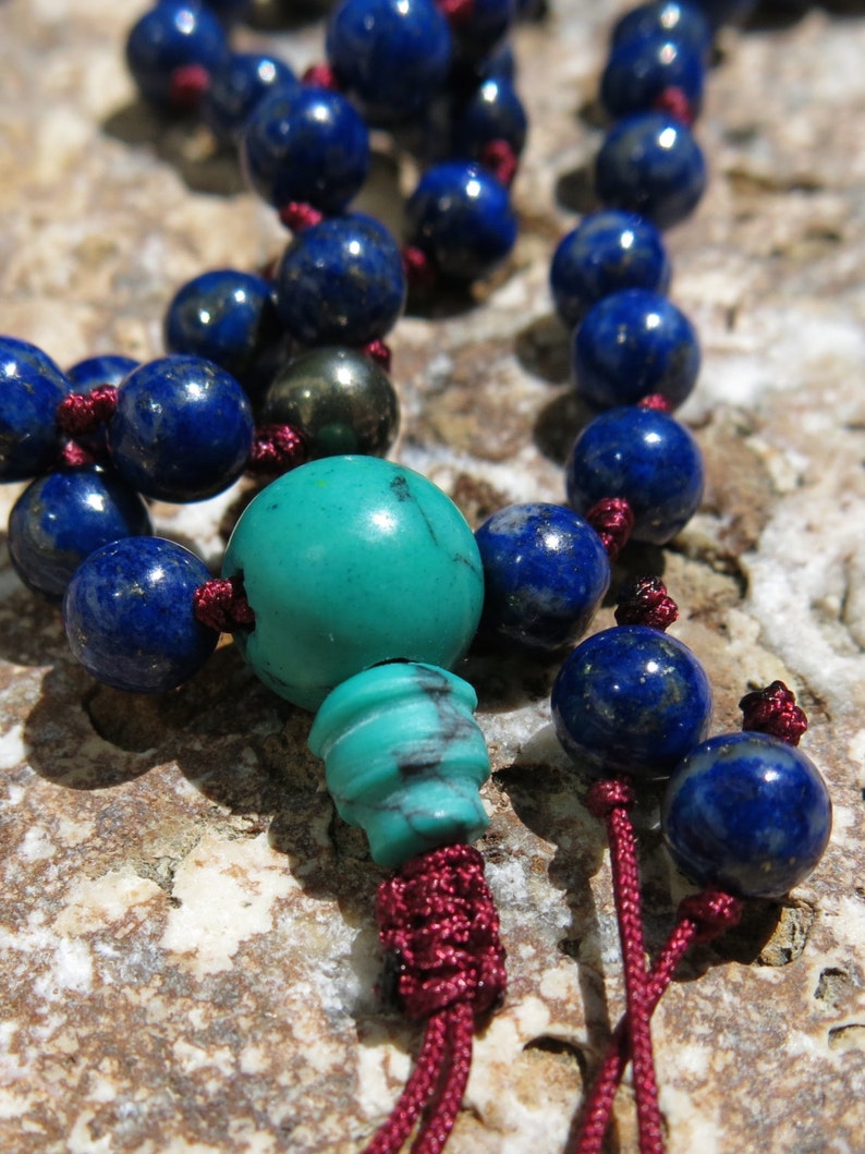 Lapis Lazuli mala, Turquoise and Pyrite, 108 bead Mala. Knotted 6mm Mala. Peace, Positive Energy and Clear Communciation image 4