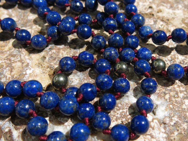 Lapis Lazuli mala, Turquoise and Pyrite, 108 bead Mala. Knotted 6mm Mala. Peace, Positive Energy and Clear Communciation image 2