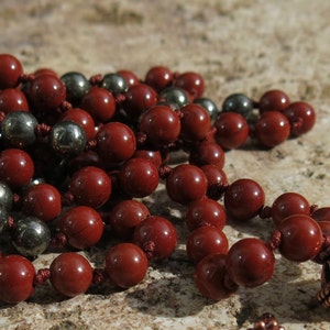 Red Jasper and Pyrite 6mm knotted mala 108 beads - Energy boosting mala, Nurturing, Sustaining. Japa Mala, Adjustable wrist mala