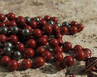 Red Jasper and Pyrite 6mm knotted mala 108 beads - Energy boosting mala, Nurturing, Sustaining. Japa Mala, Adjustable wrist mala