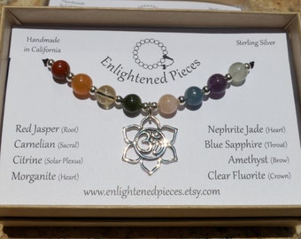 7 Chakra Gemstone & Sterling Silver Necklace. Jasper, Carnelian, Citrine, Jade, Morganite, Sapphire, Lepidolite, Clear Fluorite, Lotus OM