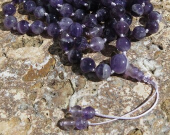 Amethyst 108 Mala beads, 8mm Prayer beads - Febuary Birthstone, calms mind, Mala Necklace, Wrist Mala, knotted prayer beads, lotus bud