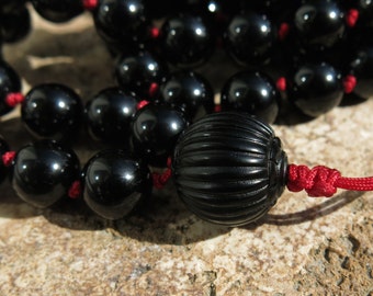 Black Tourmaline and Jet  Mala beads. 108 beads, hand knotted mala. Balance, Protection and Transformation. 108 Mala, Japa Mala