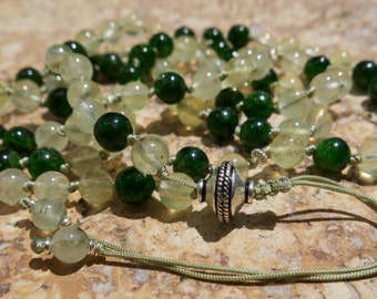 Chrome Diopside, Prehnite and Sterling silver 6mm mala, 108 beads. Hand knotted mala beads. Healing, Recovery, revitalisation