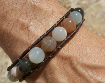 Men's Moonstone single leather wrap bracelet with dark brown leather. 10mm gemstones, Adjustable bracelet