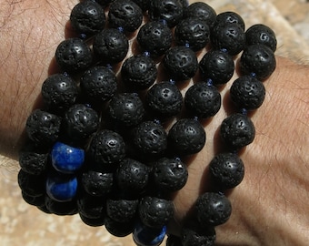 Lava Rock, Lapis Lazuli and Sterling Silver 10mm 108 beads, hand knotted mala. Pitta cooling, Stability and Harmony. 108 Mala, Japa Mala