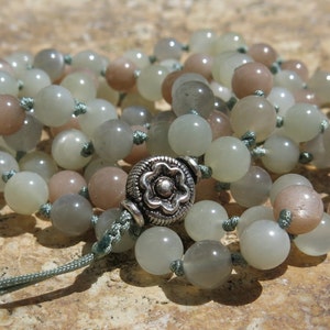 Intuition and New beginnings, Rainbow Moonstone, 108 Mala beads, Adjustable 6mm knotted Mala necklace or wrist mala. Prayer beads.