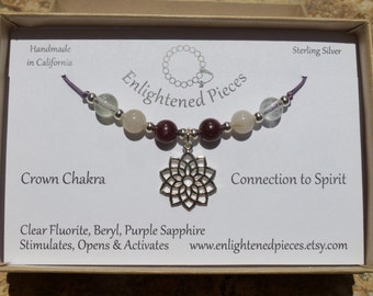 Sahasrara - Crown Chakra Gemstone & Sterling Silver Charm Necklace. Clear Fluorite, Beryl, Purple Sapphire and Tourmaline. Adjustable