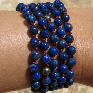 Lapis Lazuli mala, Turquoise and Pyrite, 108 bead Mala. Knotted 6mm Mala. Peace, Positive Energy and Clear Communciation image 5