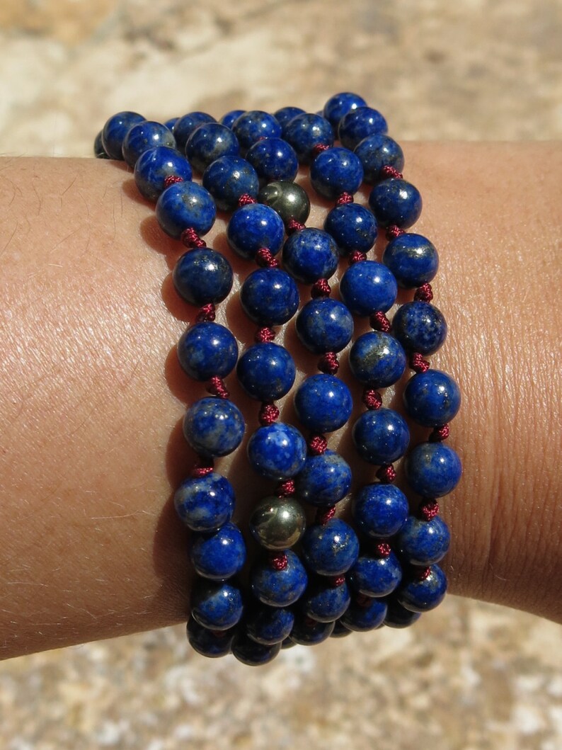 Lapis Lazuli mala, Turquoise and Pyrite, 108 bead Mala. Knotted 6mm Mala. Peace, Positive Energy and Clear Communciation imagen 5