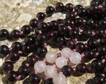 Garnet and Morganite hand-knotted mala beads, January Birthstone, Love, devotion, Relationships, Wirst Mala, Mala necklace, knotted 108 mala