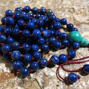 Lapis Lazuli mala, Turquoise and Pyrite, 108 bead Mala. Knotted 6mm Mala. Peace, Positive Energy and Clear Communciation image 1