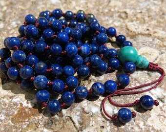 Lapis Lazuli Mala: Turquoise Guru Bead, Pyrite Markers, 108 Bead Knotted Necklace