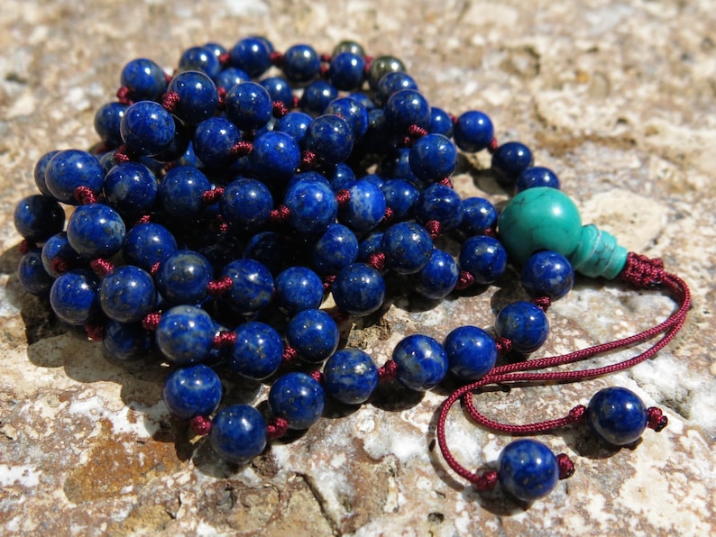 Lapis Lazuli mala, Turquoise and Pyrite, 108 bead Mala. Knotted 6mm Mala. Peace, Positive Energy and Clear Communciation image 1