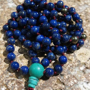 Lapis Lazuli mala, Turquoise and Pyrite, 108 bead Mala. Knotted 6mm Mala. Peace, Positive Energy and Clear Communciation image 3