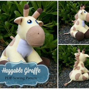 May include: A plush giraffe sewing pattern. The pattern includes instructions for making a huggable giraffe with brown spots and a brown mane. The pattern is available as a PDF download.