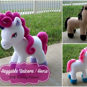 May include: A PDF sewing pattern for a huggable unicorn or horse plush toy. The pattern includes three different versions: a white unicorn with pink and purple accents, a brown horse, and a white unicorn with pink and blue accents.