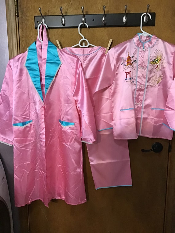 Embroidered Satin Pajama Set with Top, Pants, Robe