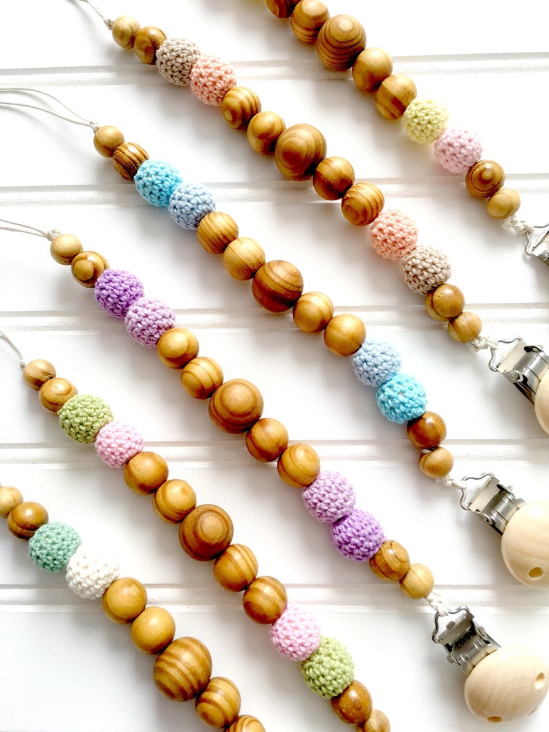 Wooden beads pacifier clip Crocheted beads binky clip Etsy